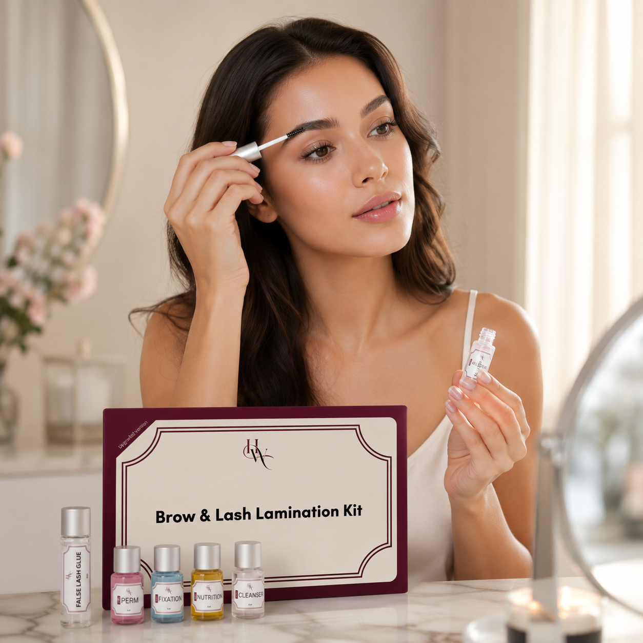 Woman applying brow product with a Brow & Lash Lamination Kit on a vanity table.