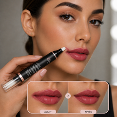 Woman applying a lip product with close-up insets showing before and after effects.