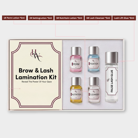 Brow & Lash Lamination Kit with six small bottles and a branded box on a white background