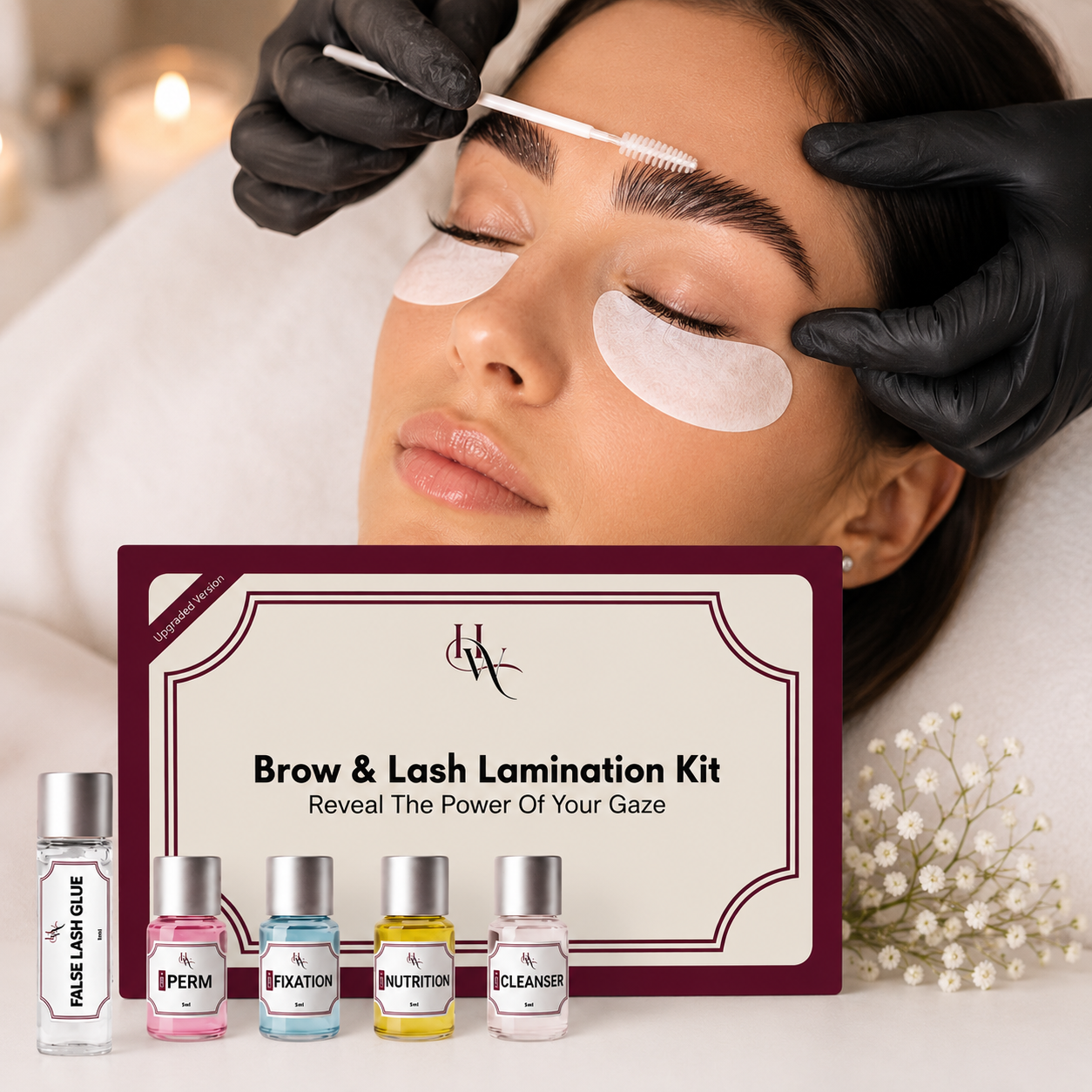 Person getting eyebrow and lash lamination with a Brow & Lash Lamination Kit displayed.