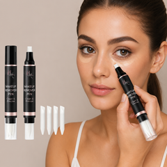 Woman using a makeup remover pen with product packaging displayed.